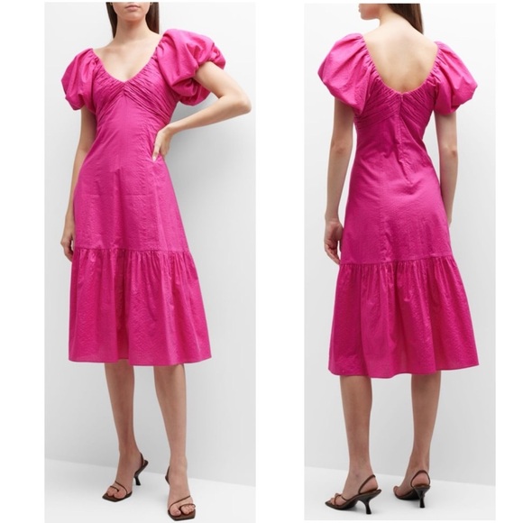 FRAME Puff-sleeve Textured Midi Dress V-neck A-line High Low Flounce Hem Small - Picture 8 of 16